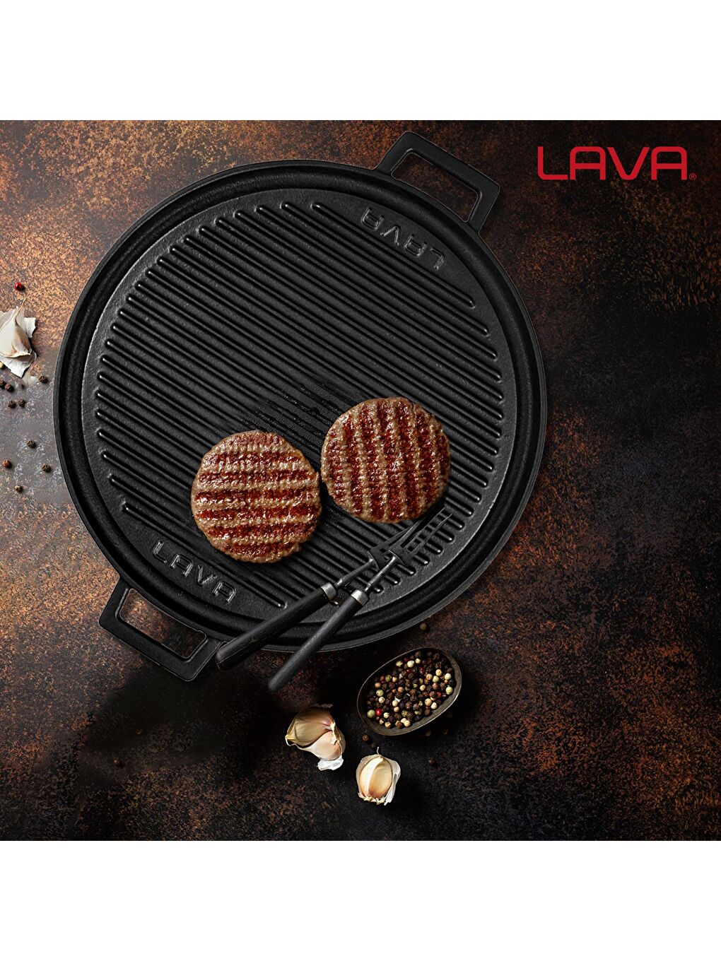 Siyah Yuvarlak Çift Yön Izgara Tavası Döküm Demir Yekpare Çift Kulplu Çap(Ø)34cm.-5