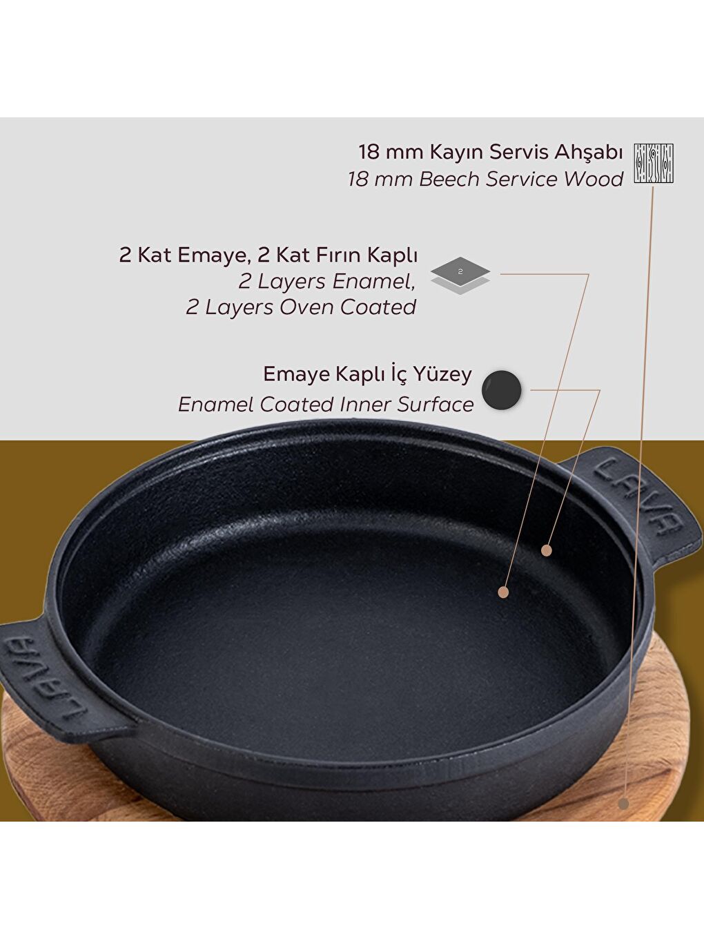 Siyah Yuvarlak Güveç Kabı Döküm Demir Yekpare Çift Kulplu Kayın Servis Ahşabı Çap(Ø)14cm.-4