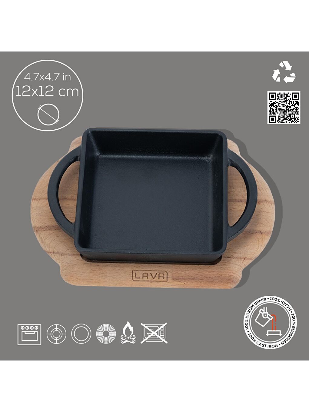 Siyah Kare Sahan Döküm Demir Yekpare Çift Kulplu Kayın Servis Ahşabı Ölçü 12x12cm.-3