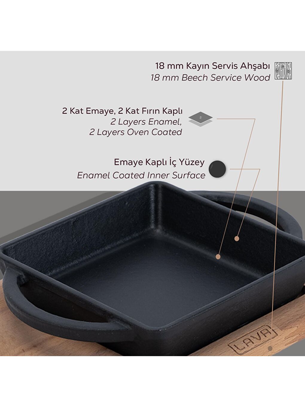 Siyah Kare Sahan Döküm Demir Yekpare Çift Kulplu Kayın Servis Ahşabı Ölçü 12x12cm.-5