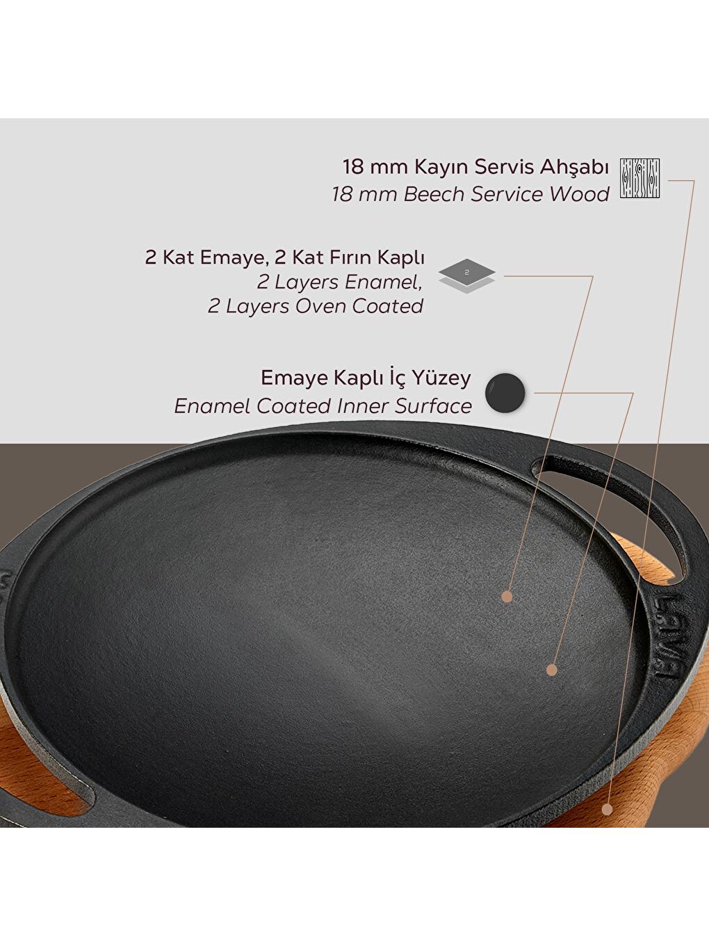 Siyah Yuvarlak Saç Kavurma Tavası Döküm Demir Yekpare Çift Kulplu Kayın Servis Ahşabı Çap(Ø)20cm.-4