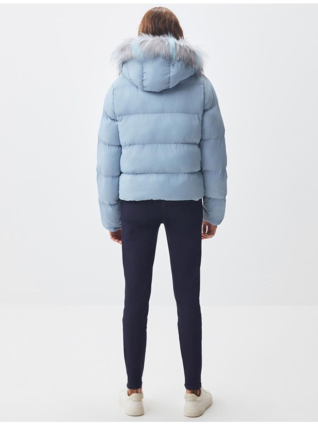 Gök Mavisi Uzun Kollu Kapüşonlu Tüy Detaylı Şişme Mont-5