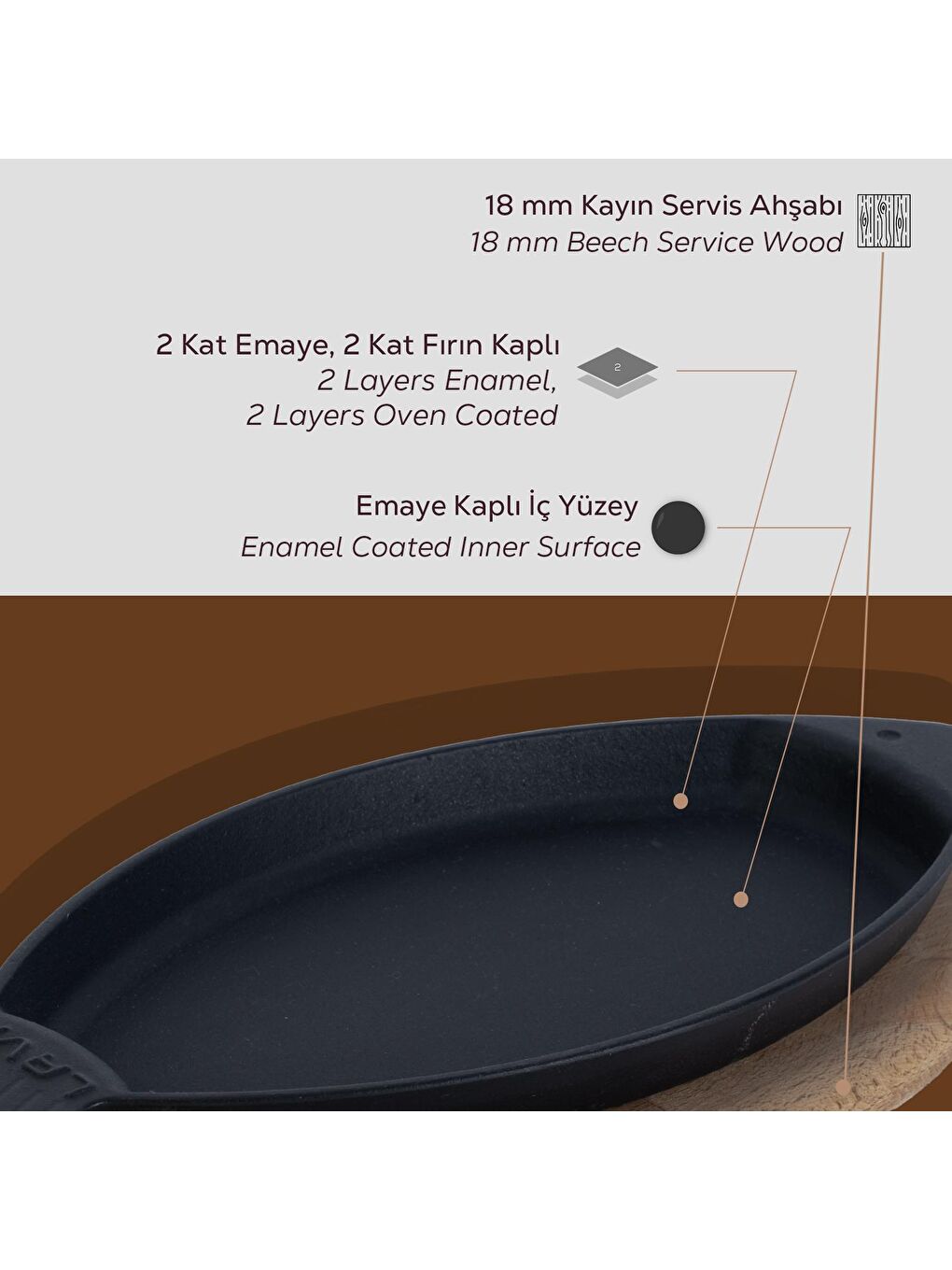 Siyah Balık Tabağı Döküm Demir Yekpare Kulplu Kayın Servis Ahşabı Ölçü 15x24cm.-5