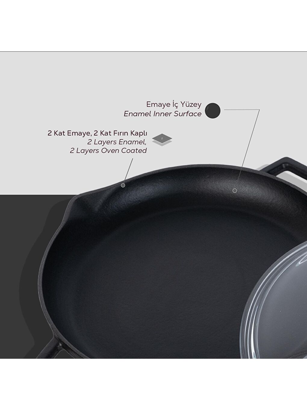 Siyah Yuvarlak Kızartma Tavası Cam Kapaklı Döküm Demir Yekpare Çift Kulplu Çap(Ø)26cm.-3
