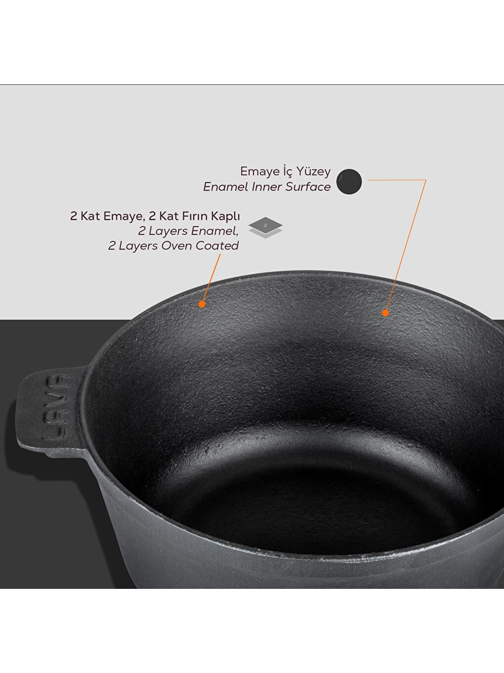 Siyah Yuvarlak Tencere Döküm Demir Yekpare Kulplu. Çap(Ø)26cm.-5