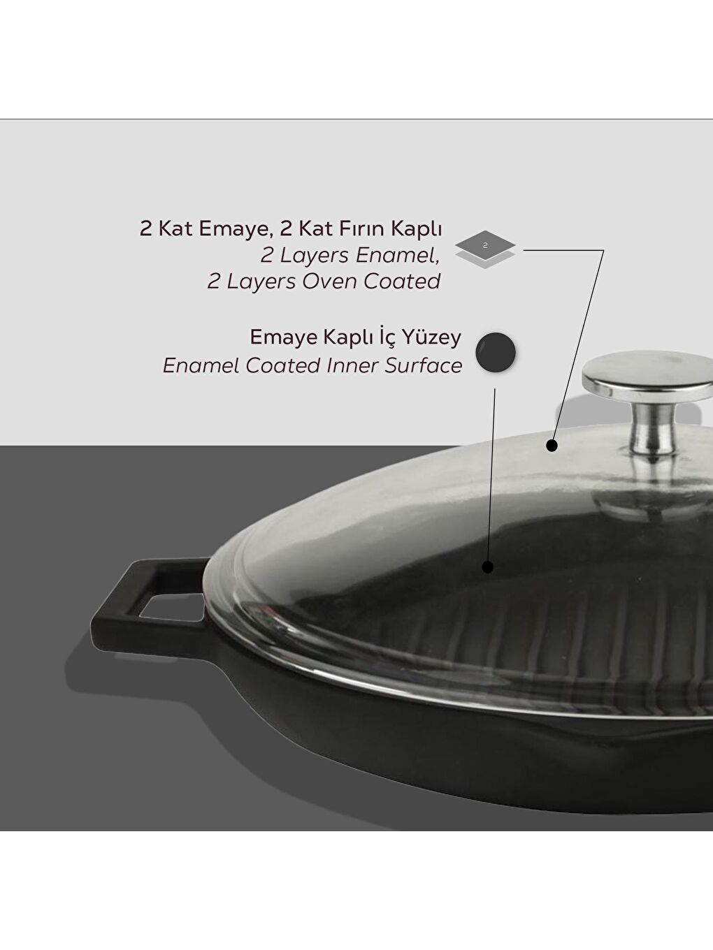 Siyah Yuvarlak Izgara Tavası Cam Kapaklı Döküm Demir Yekpare Çift Kulplu Çap(Ø)26cm.-3