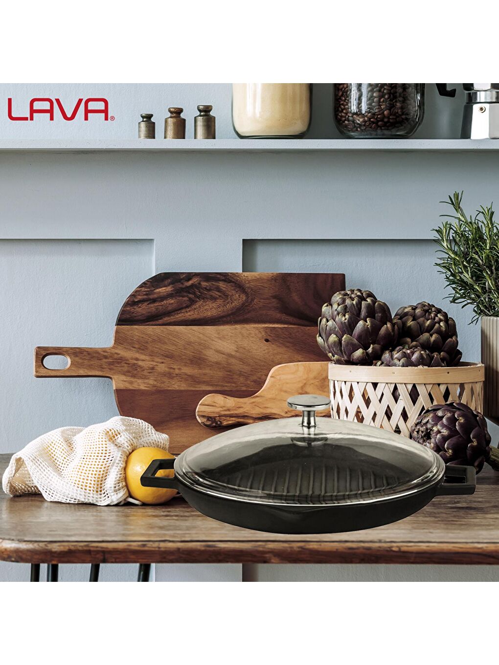 Siyah Yuvarlak Izgara Tavası Cam Kapaklı Döküm Demir Yekpare Çift Kulplu Çap(Ø)26cm.-4