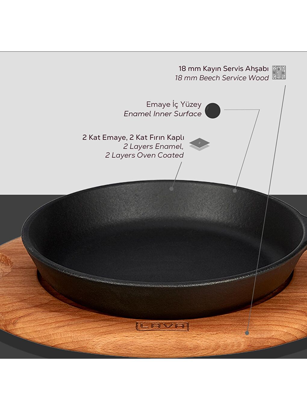 Siyah Yuvarlak Kızartma Tavası Yekpare Saplı Kayın Servis Ahşabı. Çap(Ø)16cm.-5