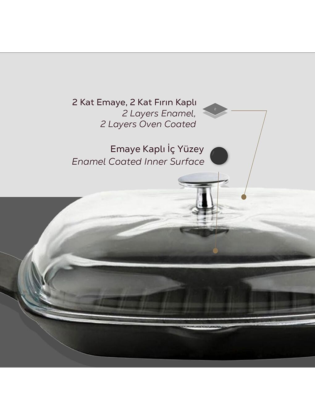 Siyah Izgara Tavası Cam Kapaklı Döküm Demir Yekpare Çift Kulplu Ölçü 26x26cm.-3