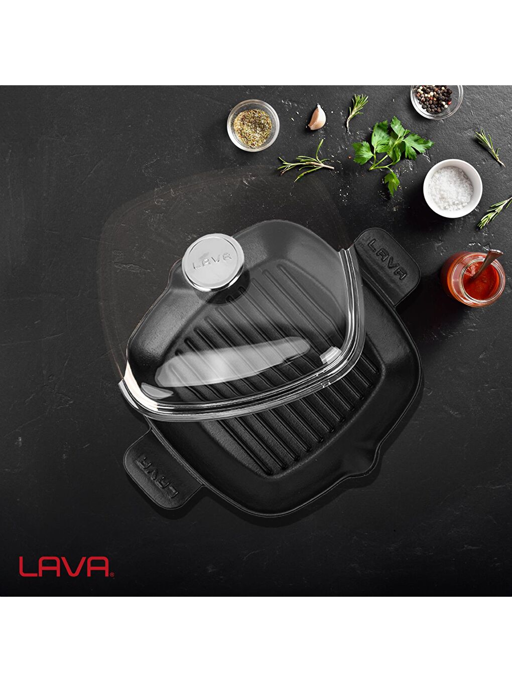 Siyah Izgara Tavası Cam Kapaklı Döküm Demir Yekpare Çift Kulplu Ölçü 26x26cm.-4