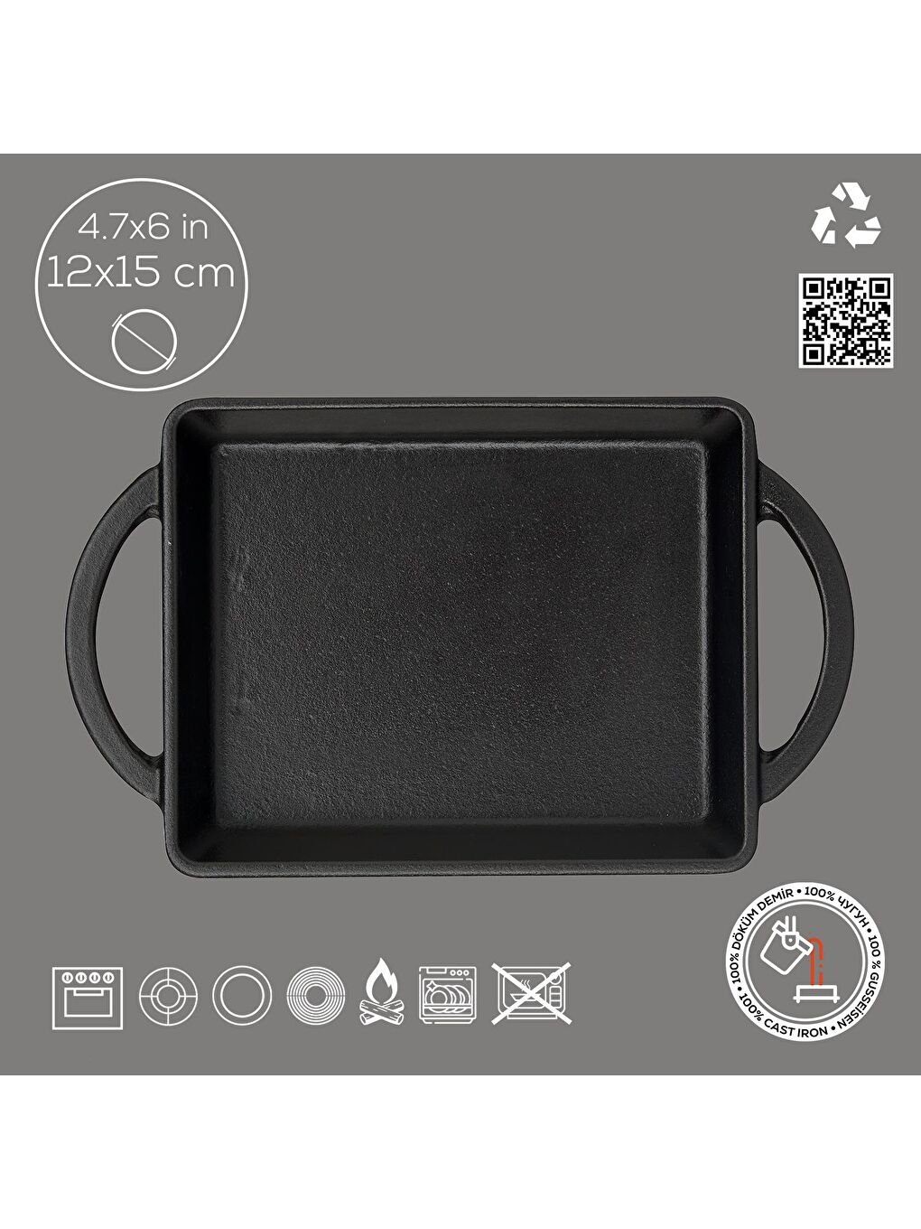 Siyah Dikdörtgen Sahan Döküm Demir Yekpare Çift Kulplu Ölçü 12x15cm.-3