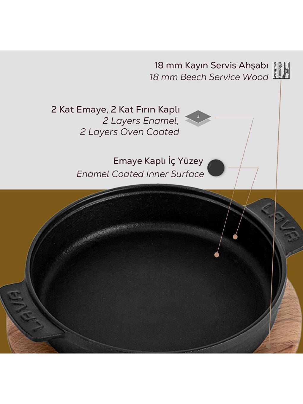 Siyah Yuvarlak Güveç Kabı Döküm Demir Yekpare Çift Kulplu Kayın Servis Ahşabı Çap(Ø)17cm.-4