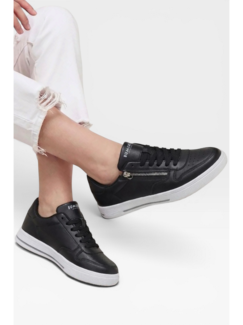 Günlük Hafif Taban Bağcıklı Fermuarlı Kadın Sneaker Ayakkabı Siyah-1
