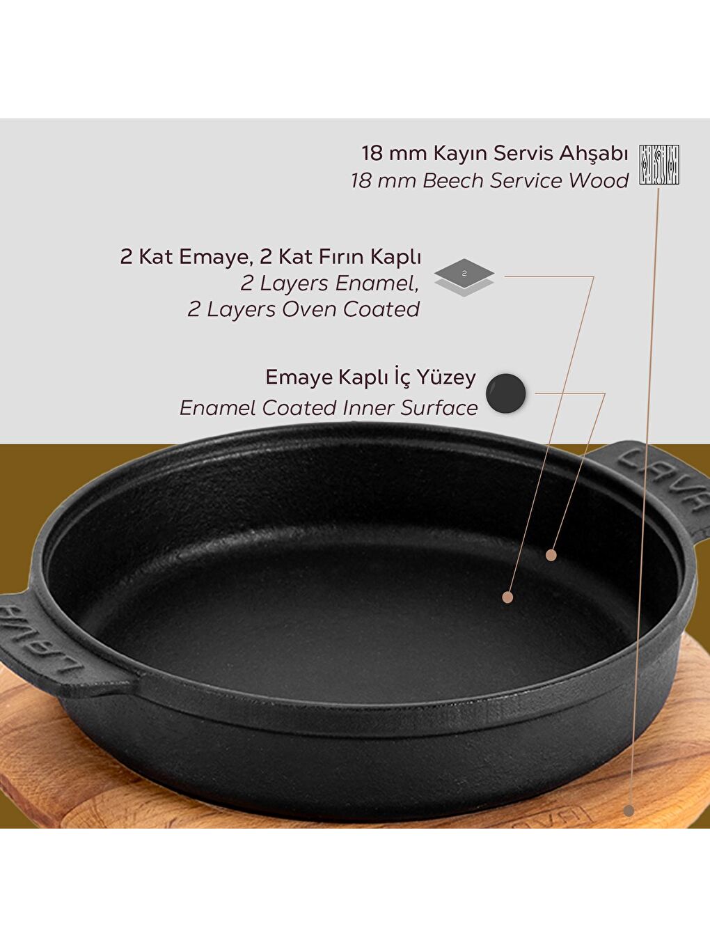 Siyah Yuvarlak Güveç Kabı Döküm Demir Yekpare Çift Kulplu Kayın Servis Ahşabı Çap(Ø)11cm.-4