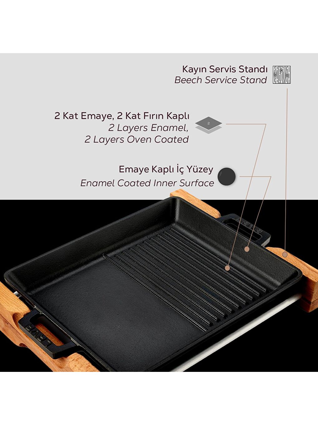 Siyah Dikdörtgen Hibrit Izgara Tavası Kayın Servis Ahşabı Döküm Demir Yekpare Çift Kulplu Ölçü 26x32cm.-5