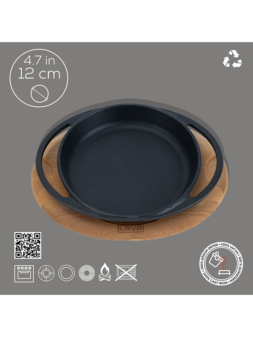 Siyah Yuvarlak Sahan Döküm Demir Yekpare Çift Kulplu Kayın Servis Ahşabı Çap(Ø)12cm.-3