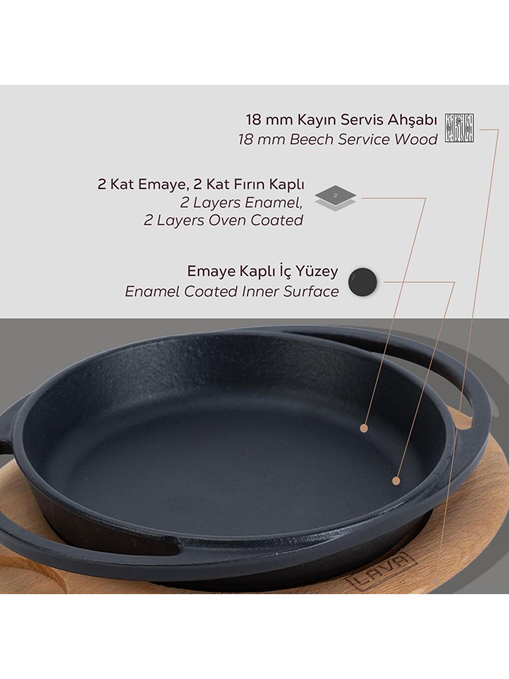 Siyah Yuvarlak Sahan Döküm Demir Yekpare Çift Kulplu Kayın Servis Ahşabı Çap(Ø)12cm.-5