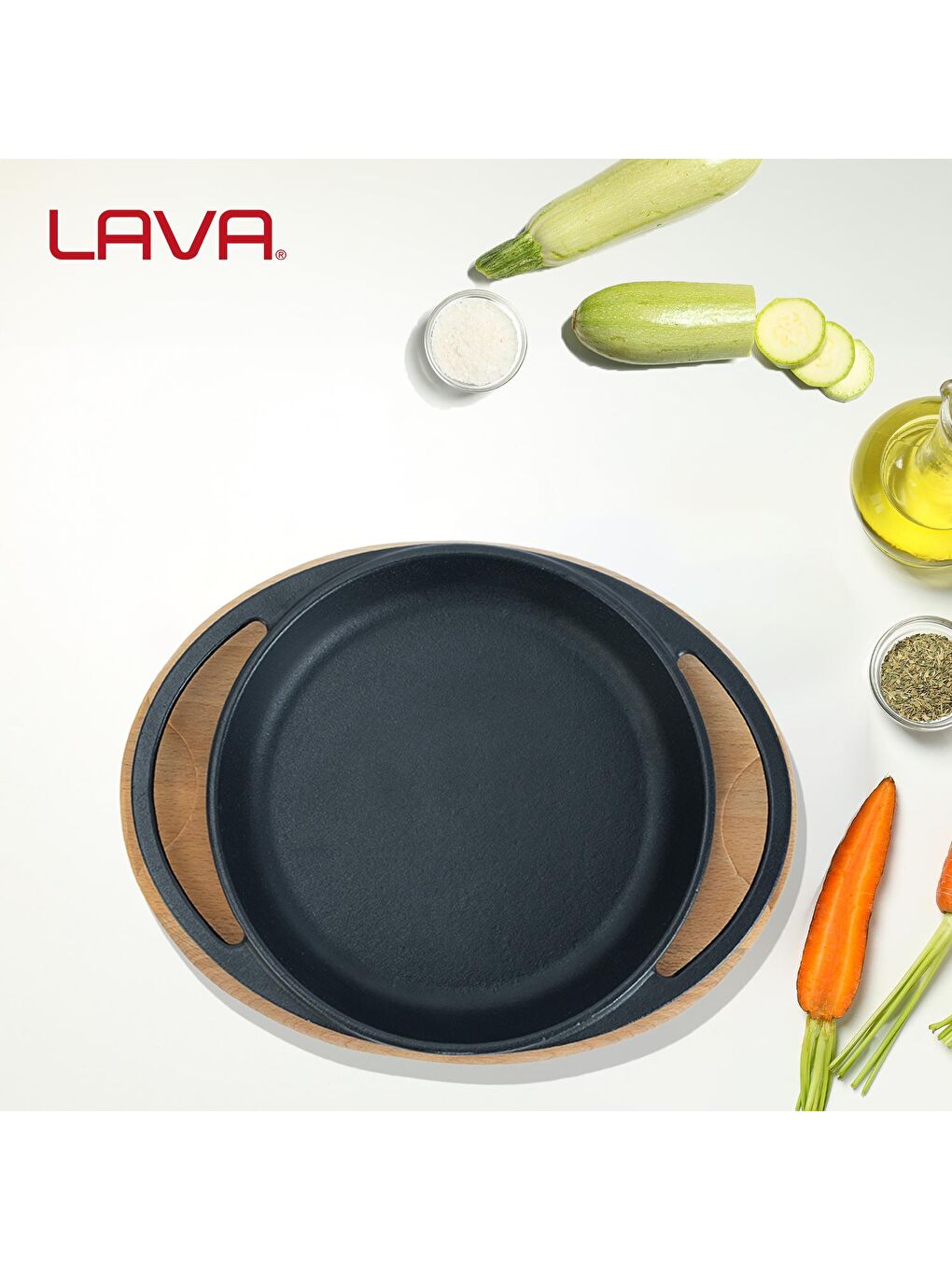 Siyah Yuvarlak Sahan Döküm Demir Yekpare Çift Kulplu Kayın Servis Ahşabı Çap(Ø)12cm.-6