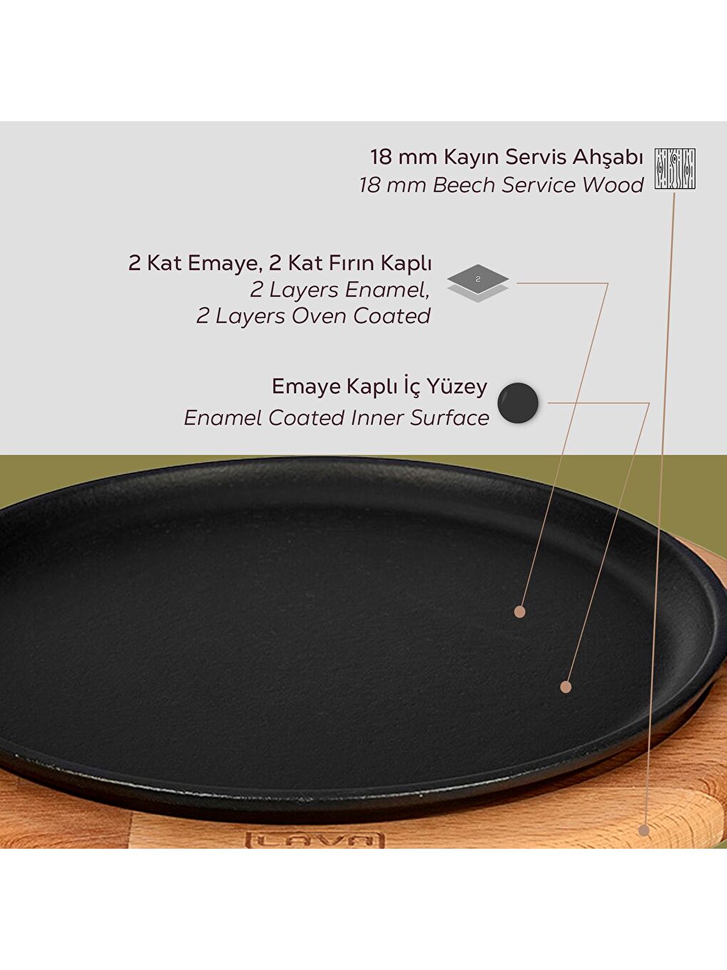 Siyah Yuvarlak Pizza Krep Pankek Tavası Döküm Demir Yekpare Saplı Kayın Servis Ahşabı Çap(Ø)20cm.-6