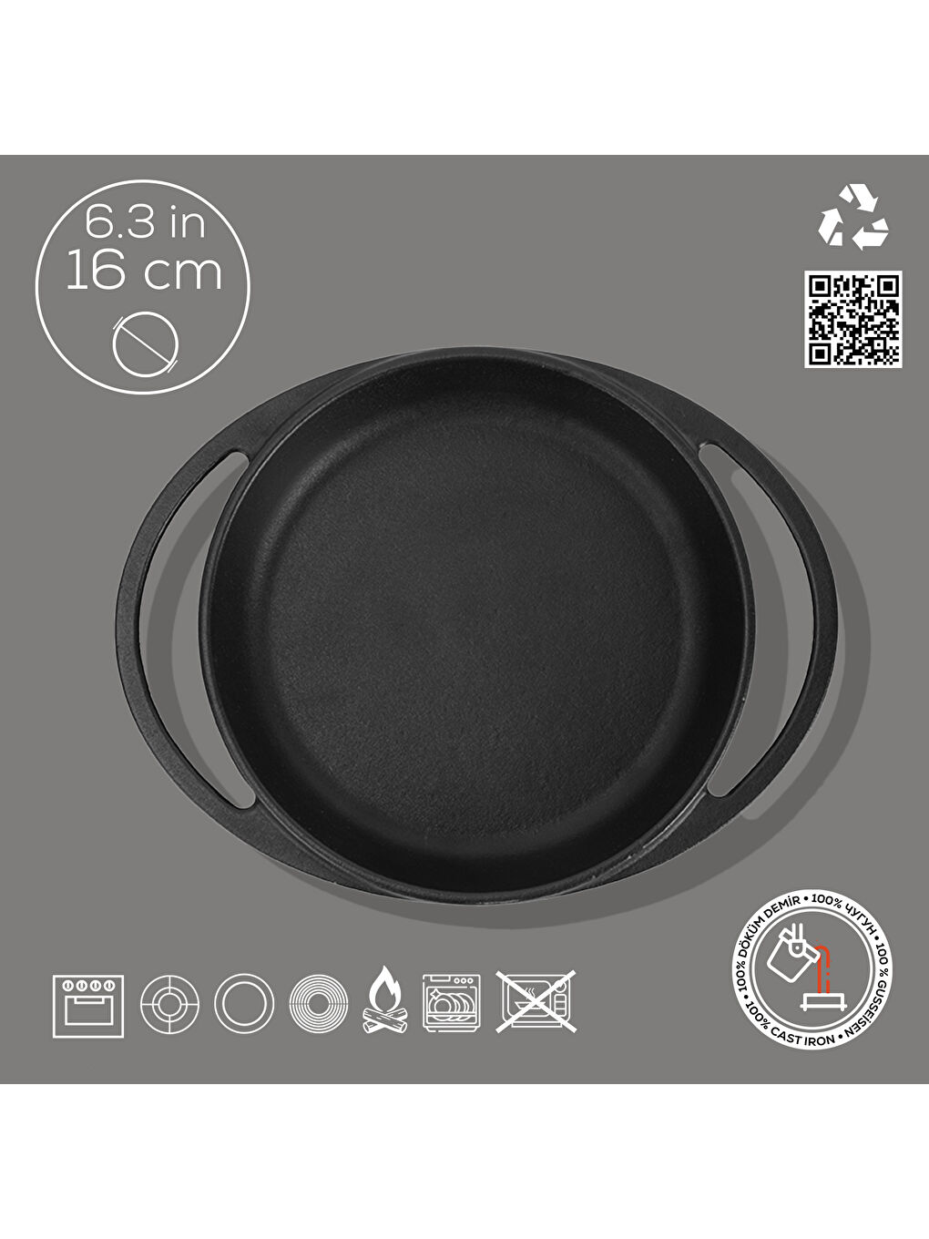 Siyah Yuvarlak Sahan Döküm Demir Yekpare Çift Kulplu Çap(Ø)16cm.-3