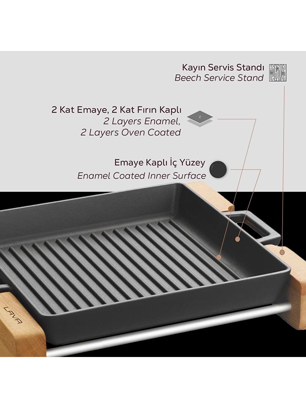 Siyah Kare Izgara Tavası Kayın Servis Ahşabı Döküm Demir Yekpare Çift Kulplu Ölçü 26x26cm.-5