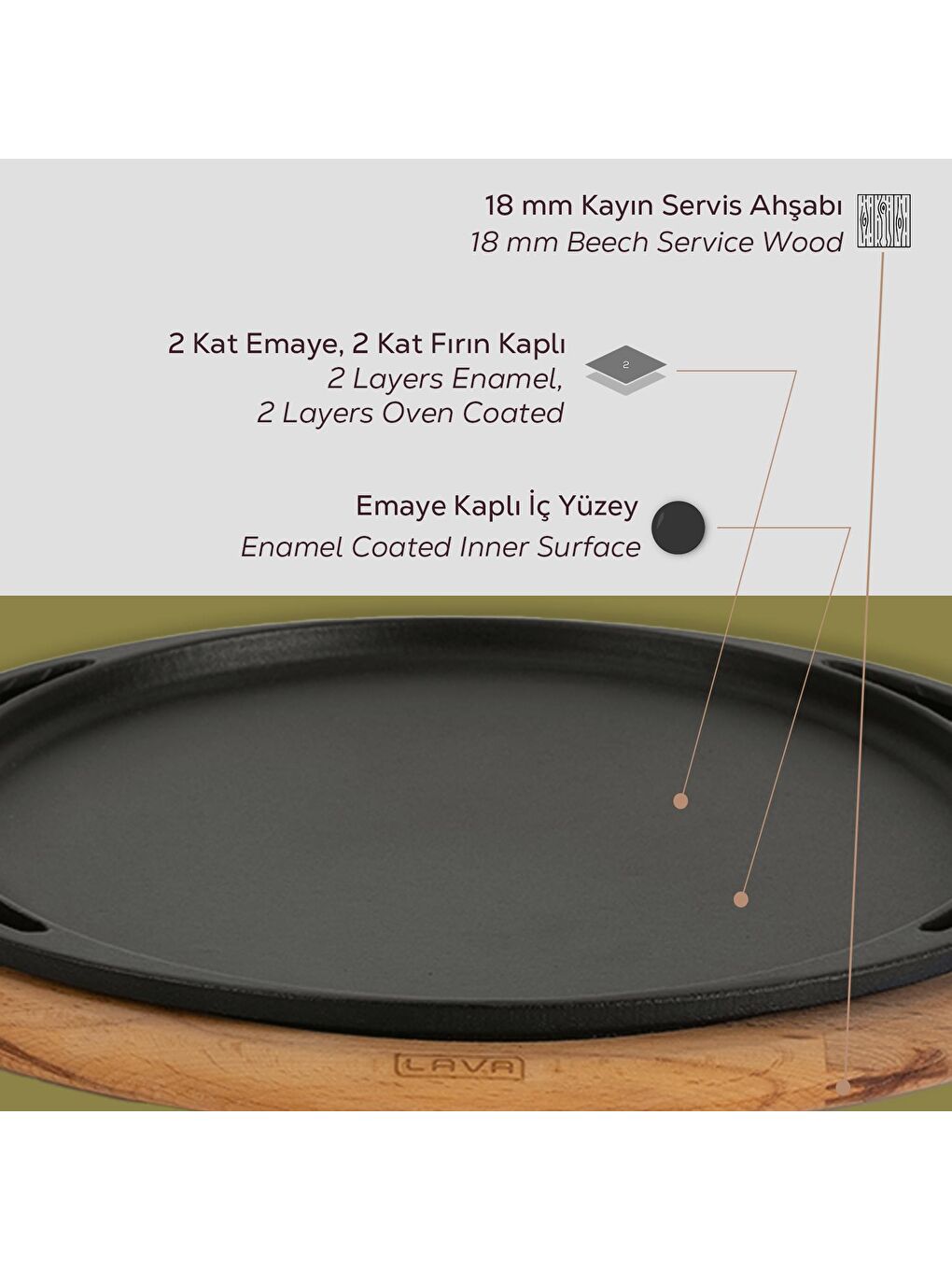 Siyah Yuvarlak Pizza Krep Pankek Tavası Döküm Demir Yekpare Çift Kulplu Kayın Servis Ahşabı Çap(Ø)20cm.-5