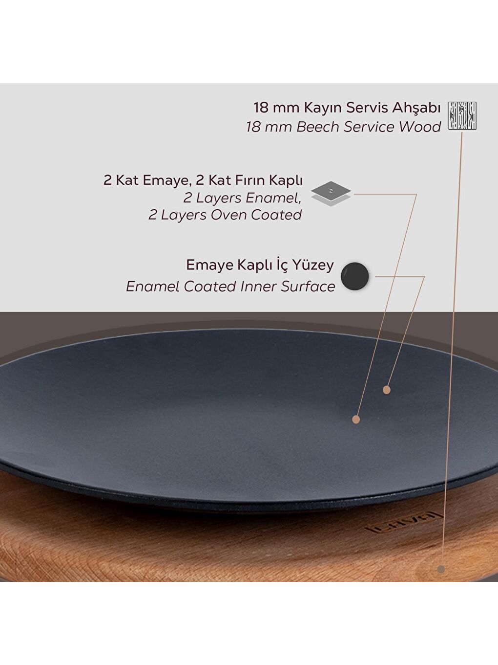 Siyah Yuvarlak Servis Tabağı ve Kayın Servis Ahşabı. Çap(Ø)21cm.-4