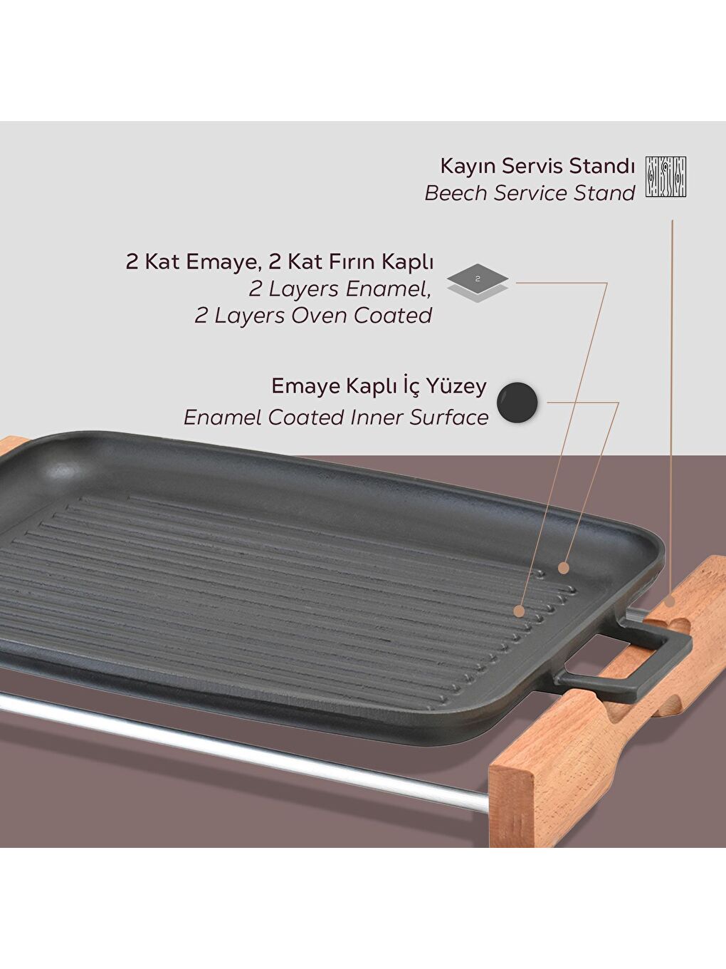 Siyah Dikdörtgen Izgara Tepsi Kayın Servis Ahşabı Döküm Demir Yekpare Çift Kulplu Ölçü 31x42cm.-5