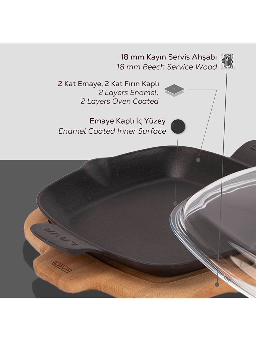 Siyah Kızartma Tavası Cam Kapak Kayın Servis Ahşabı Döküm Demir Yekpare Çift Kulplu Ölçü 26x26cm.-3