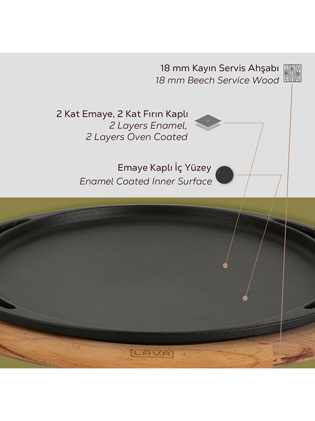 Siyah Yuvarlak Pizza Krep Pankek Tavası Döküm Demir Yekpare Çift Kulplu Kayın Servis Ahşabı Çap(Ø)28cm.-5