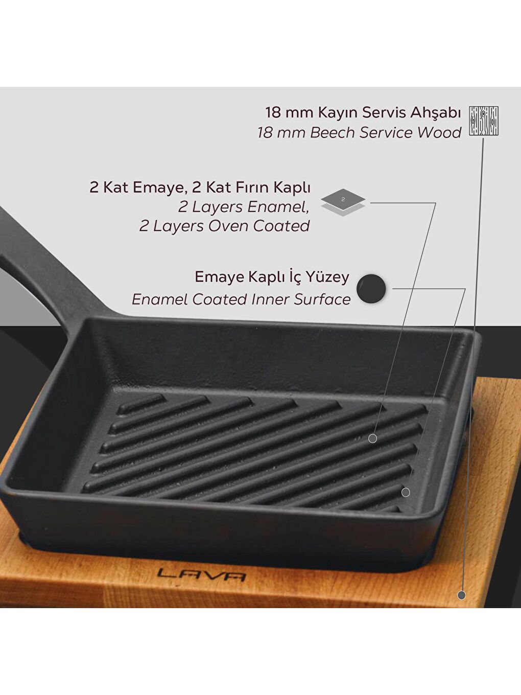 Siyah Mini Kare Izgara Tava Kayın Ahşap Altlıklı Döküm Demir Yekpare Saplı Ölçü 16x16cm.-5