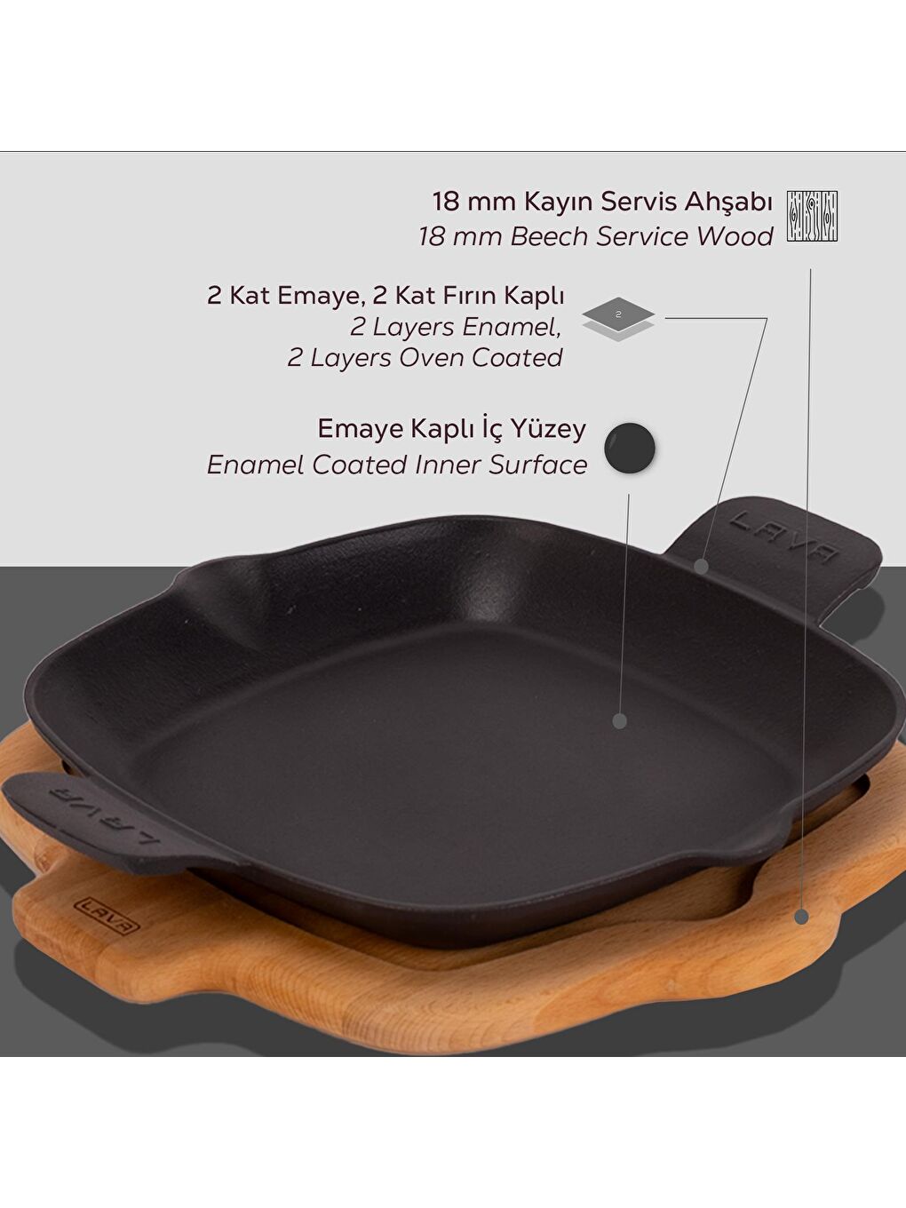 Siyah Kızartma Tavası Kayın Servis Ahşabı Döküm Demir Yekpare Çift Kulplu Ölçü 26x26cm.-3
