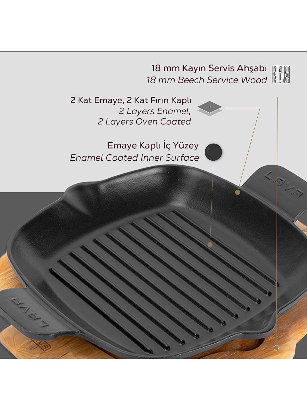 Siyah Izgara Tavası Kayın Servis Ahşabı Döküm Demir Yekpare Çift Kulplu Ölçü 26x26cm.-3