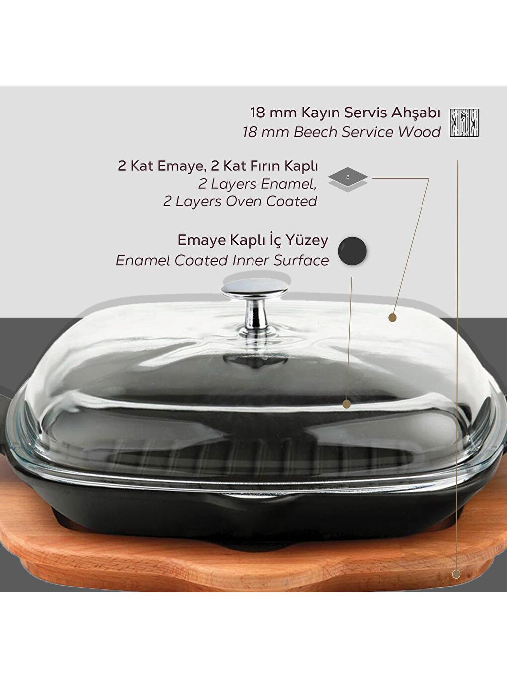 Siyah Izgara Tavası Cam Kapaklı Kayın Servis Ahşabı Döküm Demir Yekpare Çift Kulplu Ölçü 26x26cm.-3
