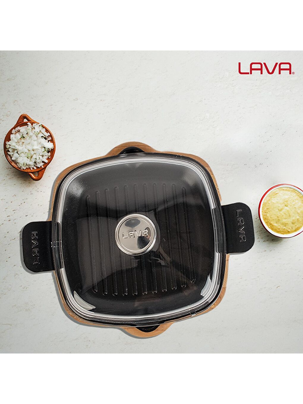 Siyah Izgara Tavası Cam Kapaklı Kayın Servis Ahşabı Döküm Demir Yekpare Çift Kulplu Ölçü 26x26cm.-4