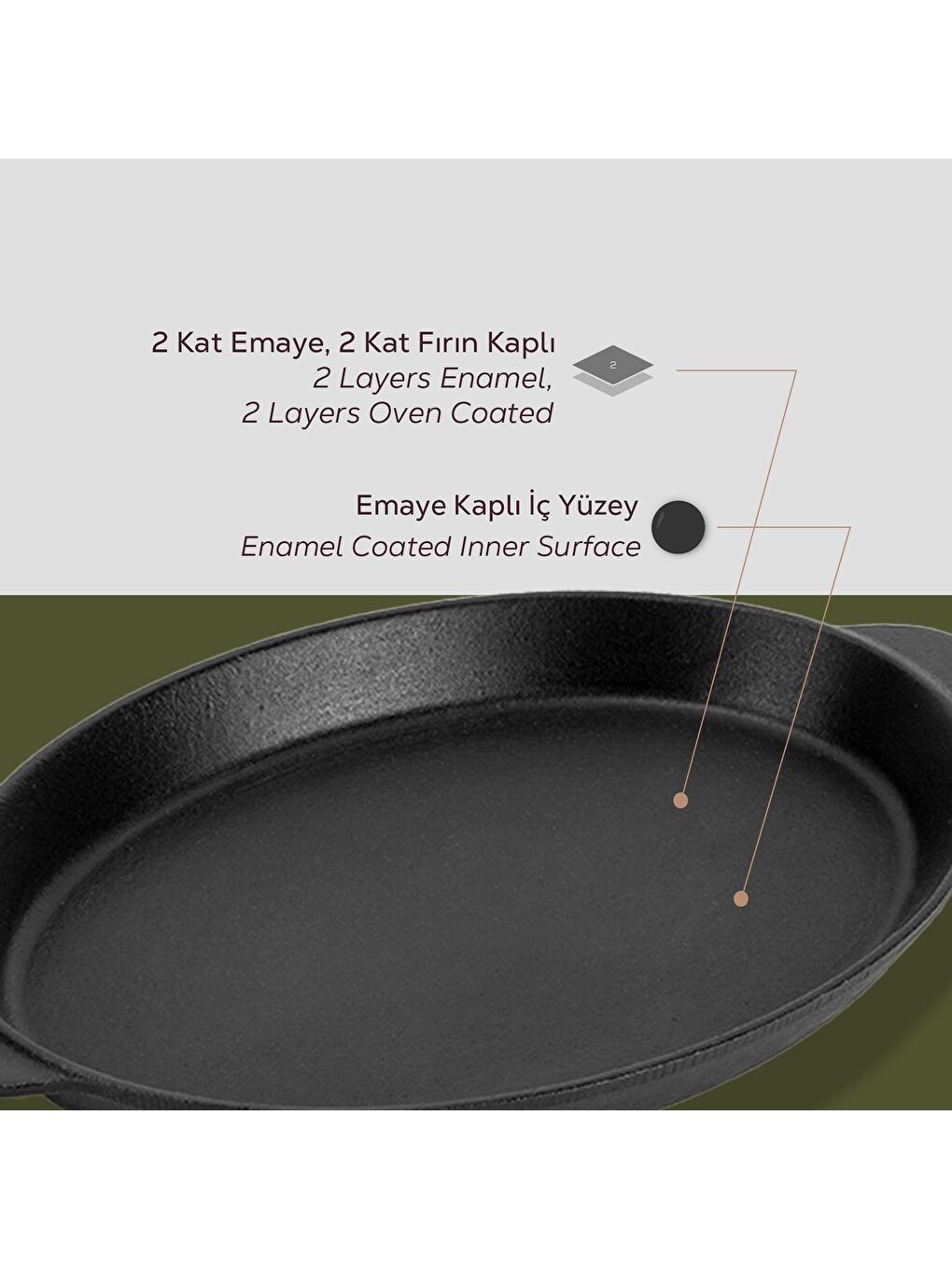 Siyah Oval Fajita Tabağı Döküm Demir Yekpare Çift Kulplu Ölçü 18x24cm.-4