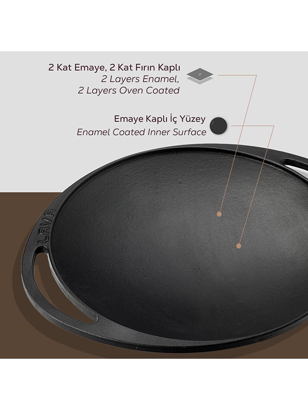 Siyah Yuvarlak Saç Kavurma Tavası Döküm Demir Yekpare Çift Kulplu Çap(Ø)28cm.-5