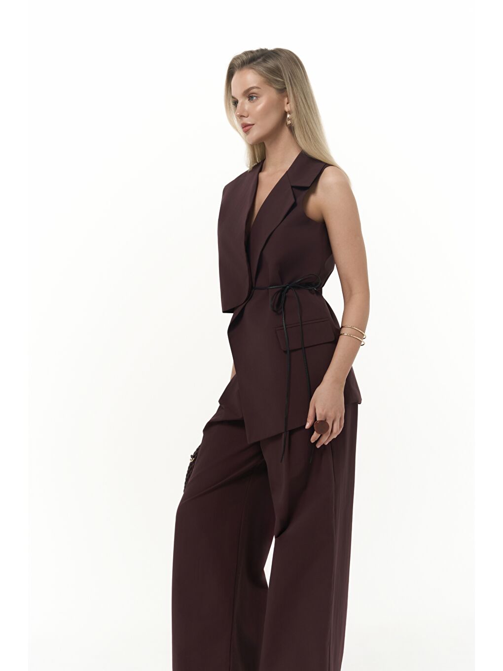 Kampala Asimetrik Bordo Yelek Pantolon Takım-1