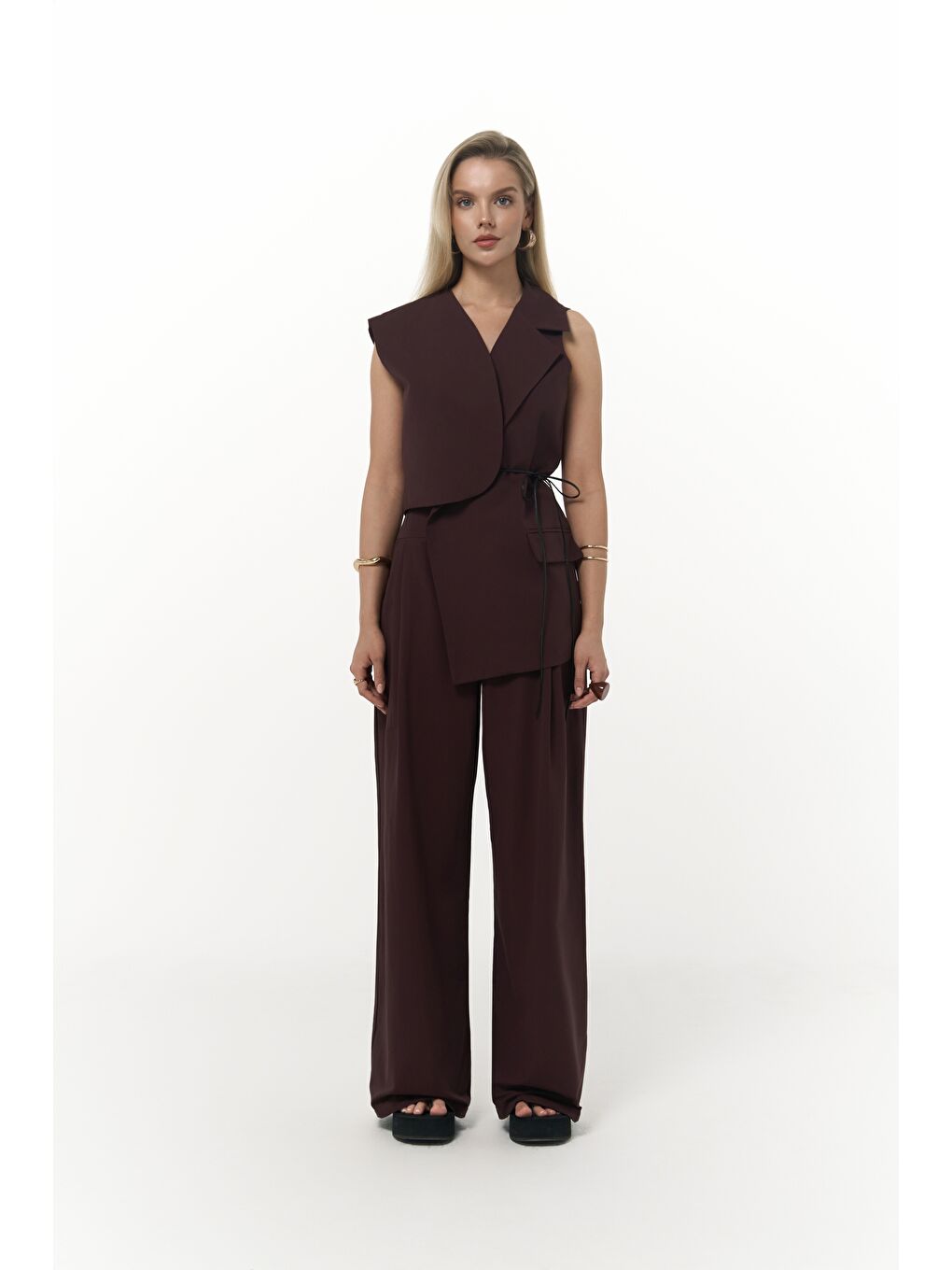 Kampala Asimetrik Bordo Yelek Pantolon Takım-2