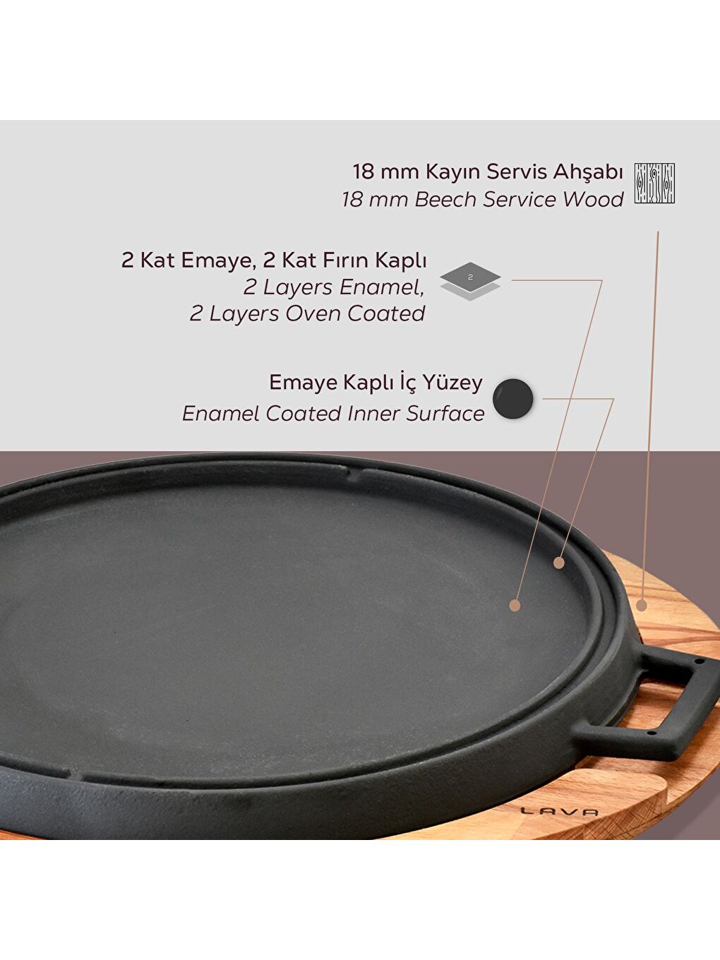 Siyah Yuvarlak Çift Yön Izgara Tavası Kayın Servis Ahşabı Döküm Demir Yekpare Çift Kulplu Çap(Ø)34cm.-4