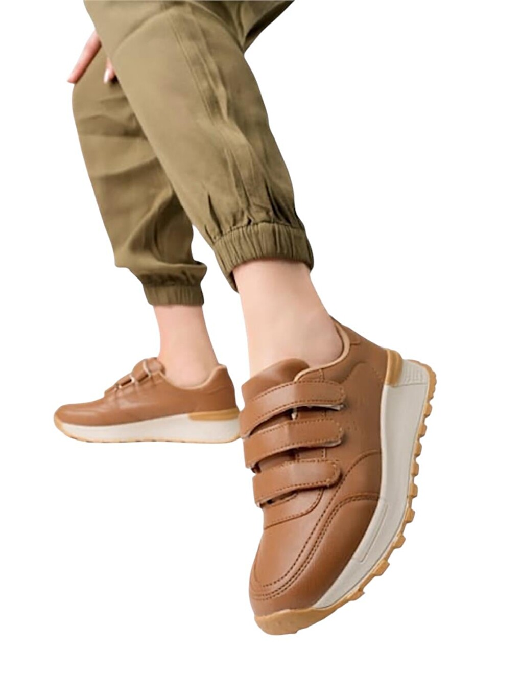 Kahverengi Kadın Cırtlı Kolay Giyilebilir Mevsimlik Sneaker Spor Ayakkabı Taba-1