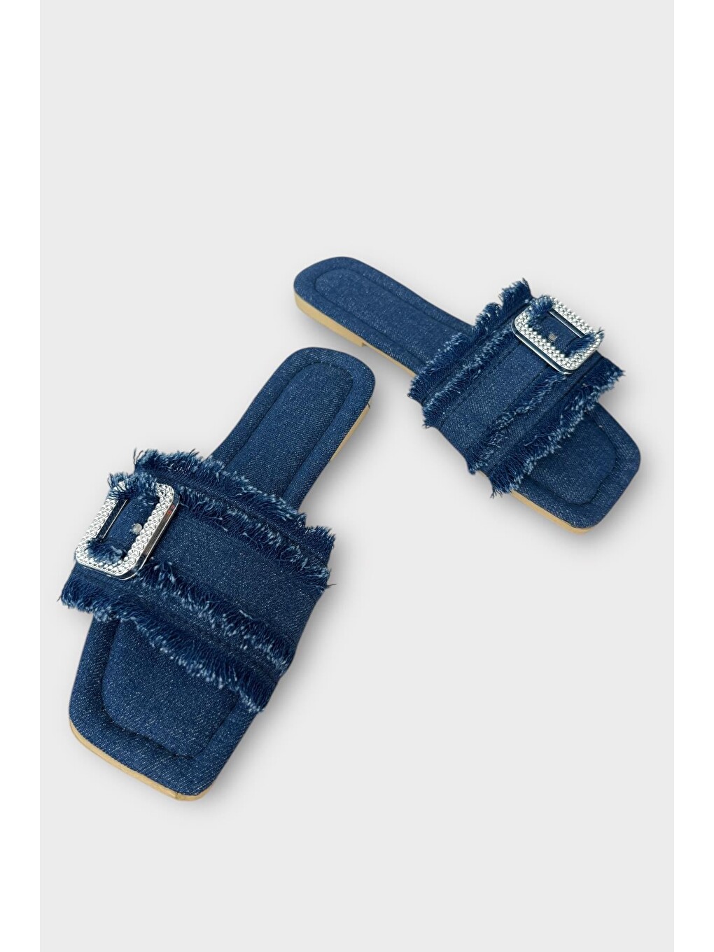 Kadın Püskül Detay Tokalı Denim Terlik Lacivert-2
