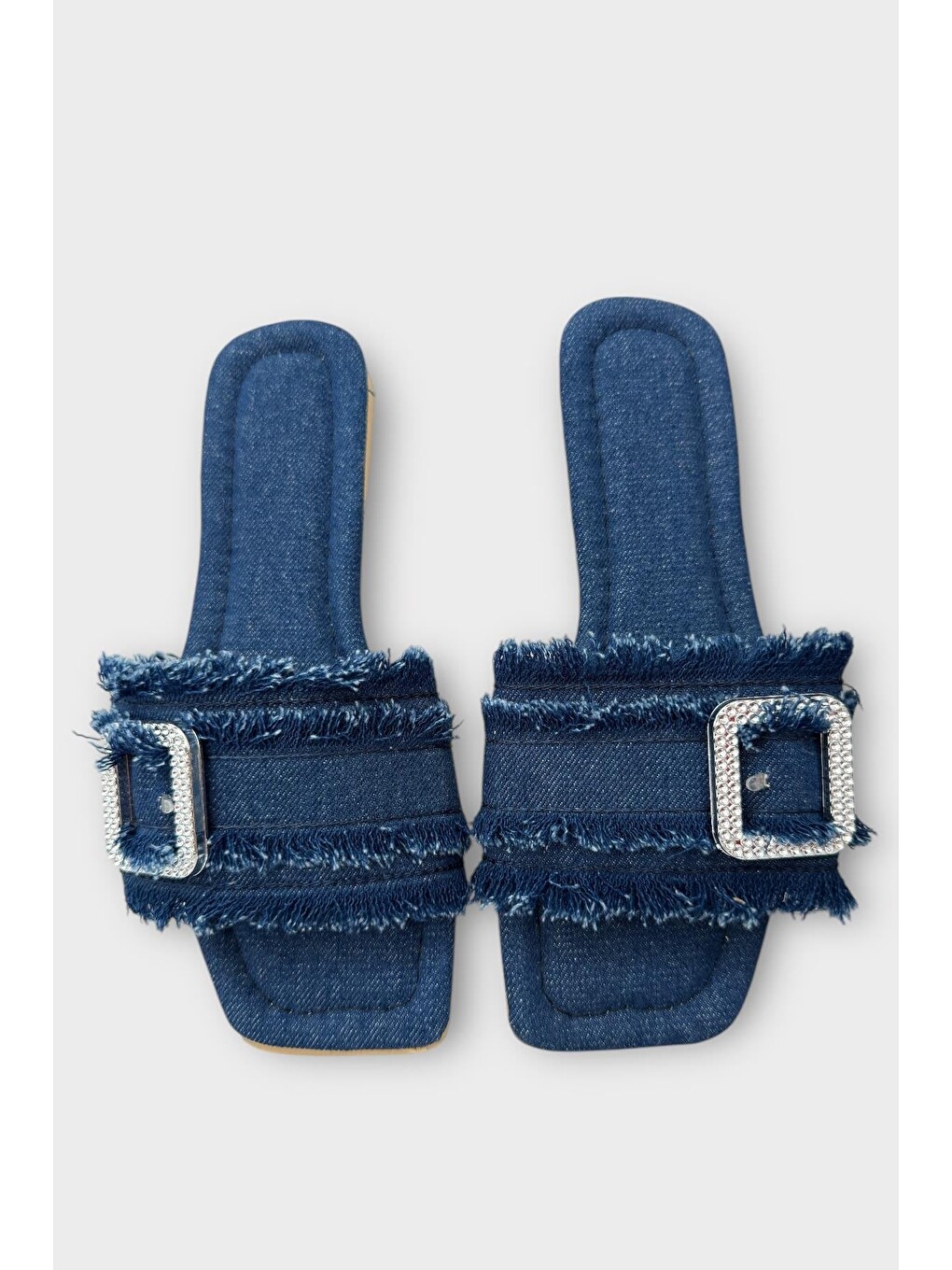 Kadın Püskül Detay Tokalı Denim Terlik Lacivert-5