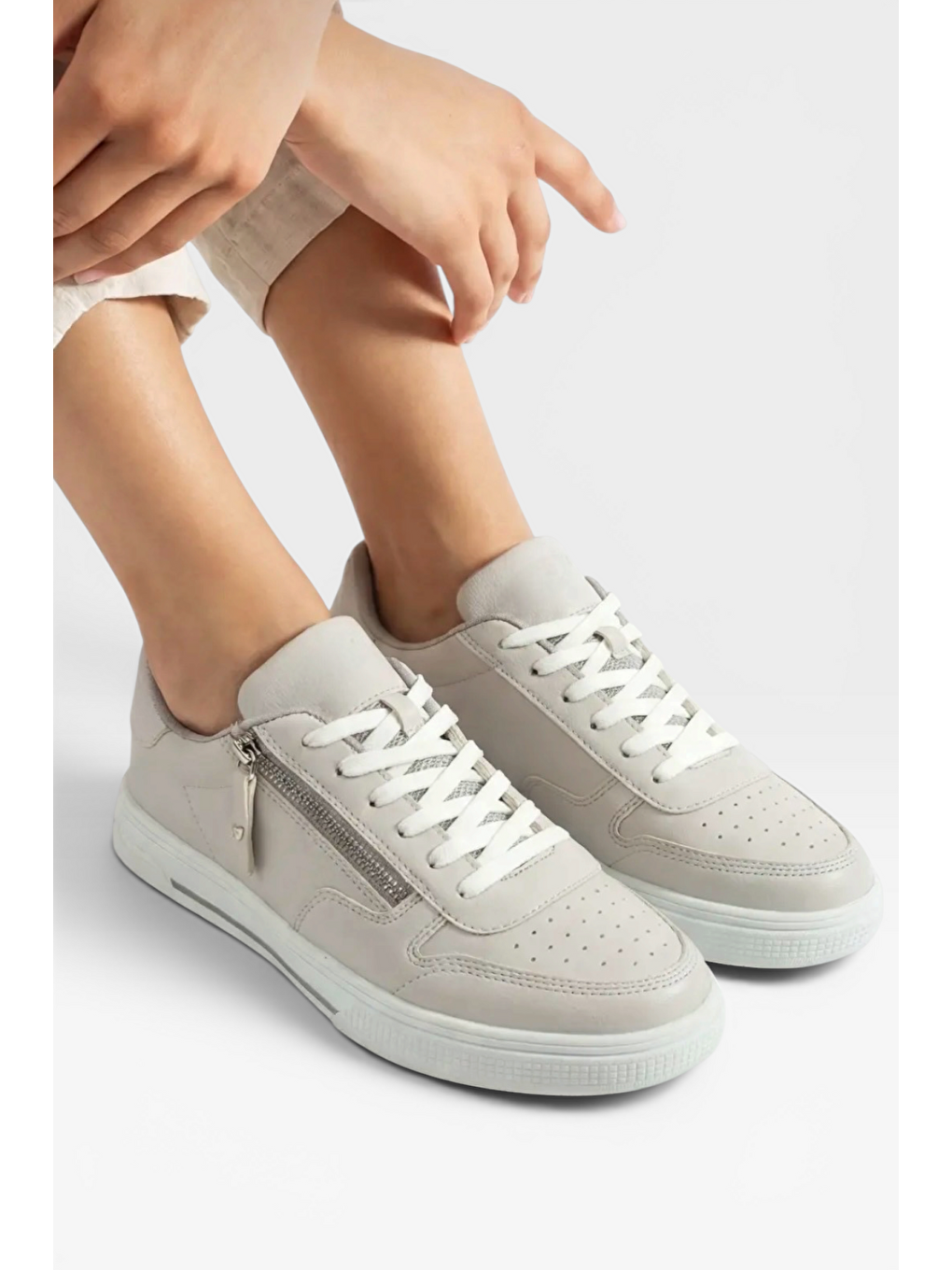 Günlük Hafif Taban Bağcıklı Fermuarlı Kadın Sneaker Ayakkabı Bej-2