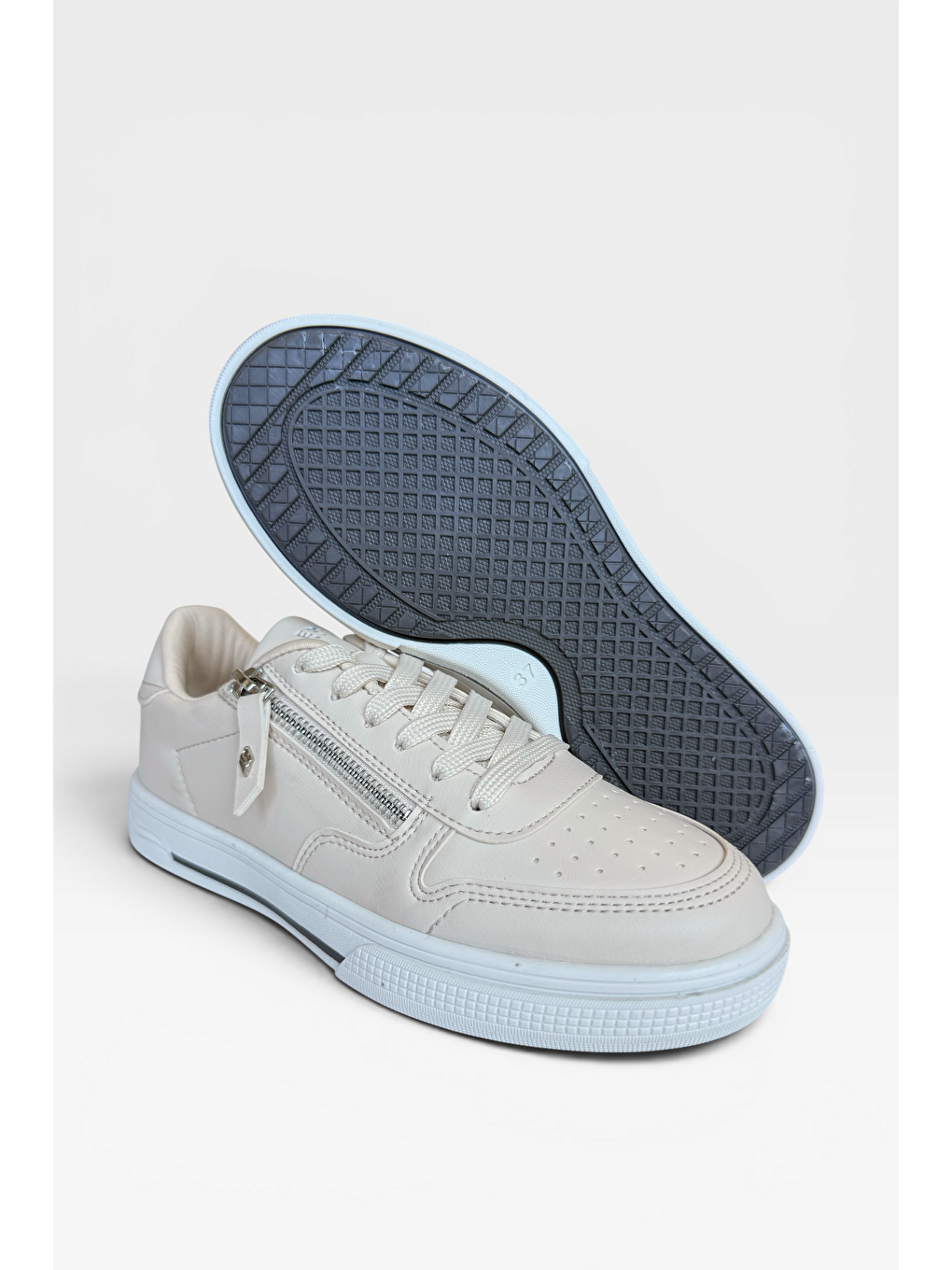 Günlük Hafif Taban Bağcıklı Fermuarlı Kadın Sneaker Ayakkabı Bej-10
