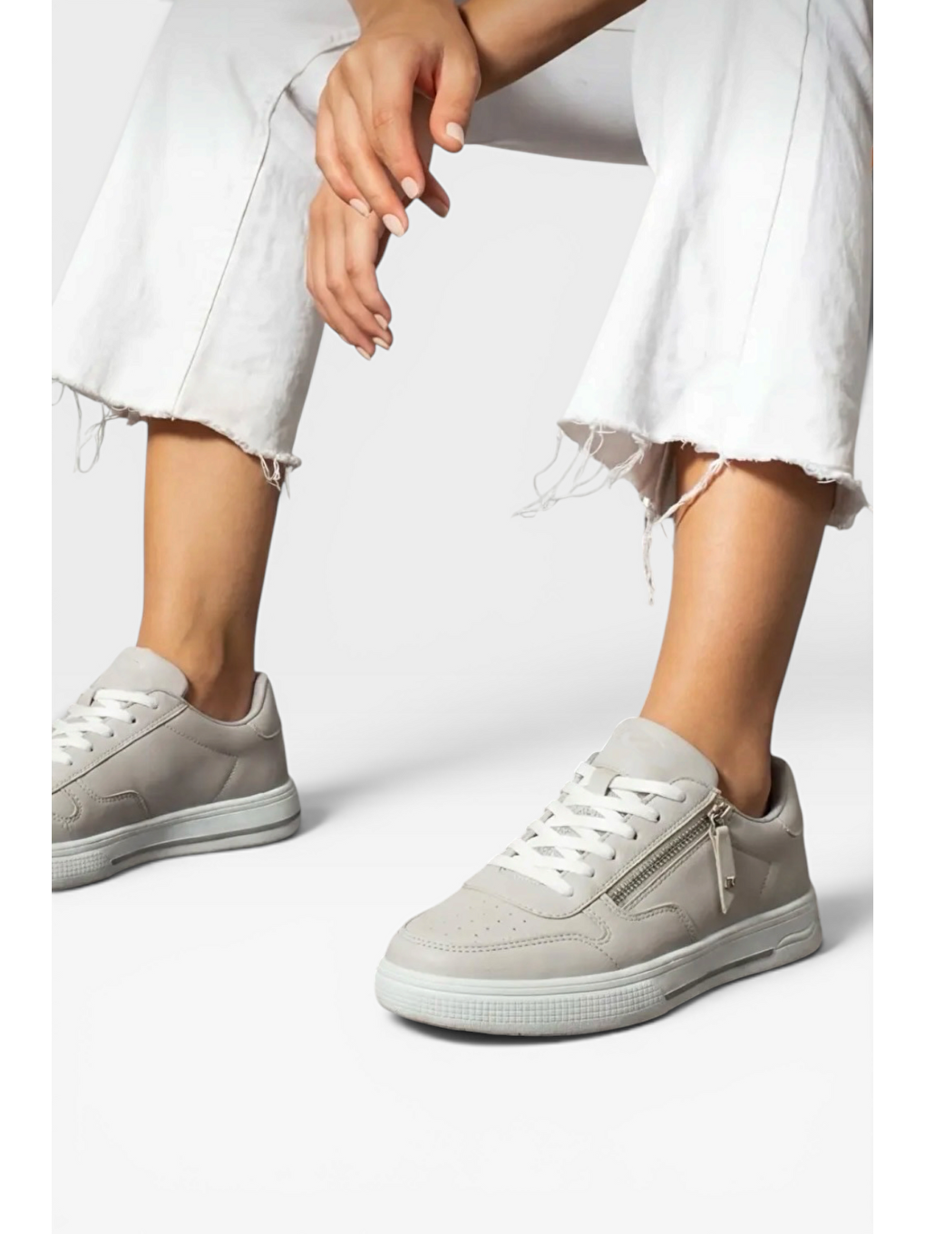 Günlük Hafif Taban Bağcıklı Fermuarlı Kadın Sneaker Ayakkabı Bej-5