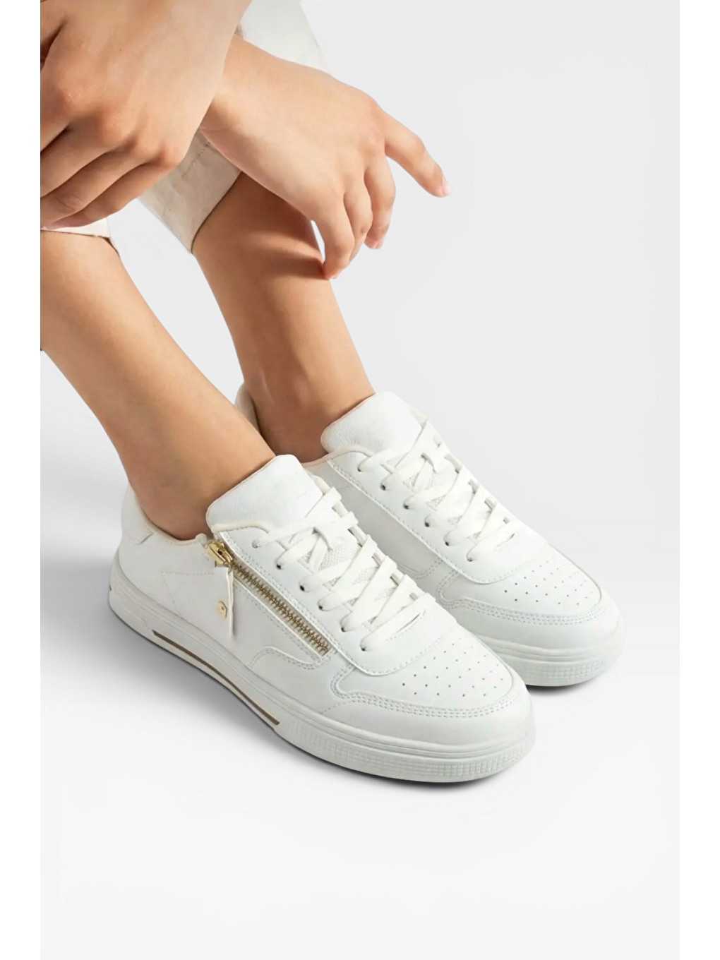 Günlük Hafif Taban Bağcıklı Fermuarlı Kadın Sneaker Ayakkabı Beyaz-4