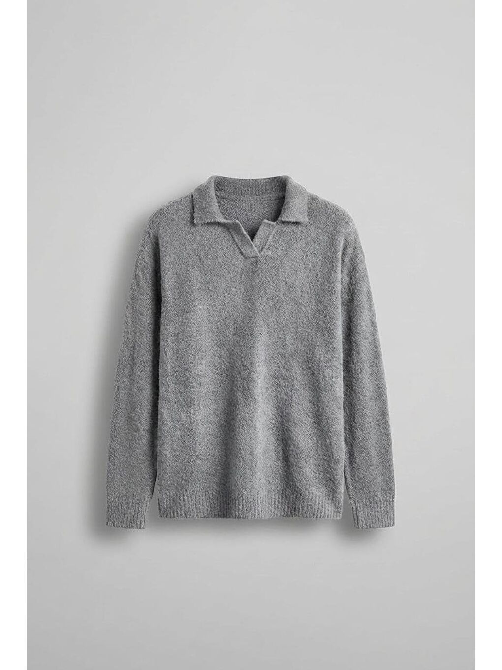 Erkek Polo Yaka Yumuşak Dokulu Oversize Kazak Gri