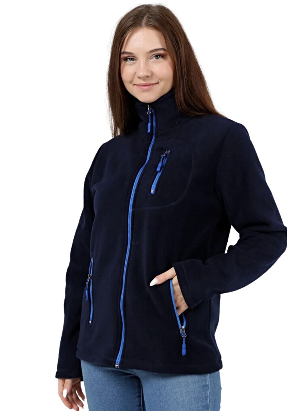 GENIUS STORE Lacivert Kadın Polar Tam Fermuarlı Outdoor 3 Cepli Spor Polar Ceket