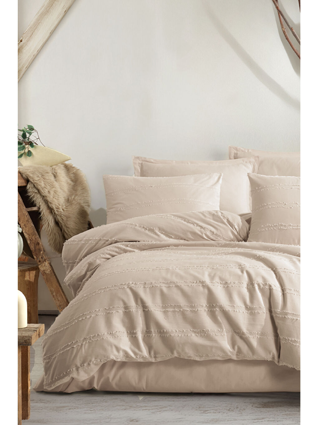 Bej Ranforce %100 Pamuk Tek Kişilik Saçaklı Nevresim Seti Avola Taş Rengi-3